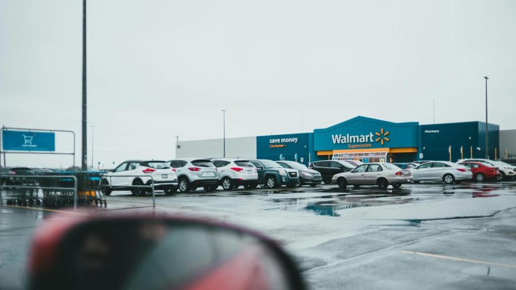 Outside of a Walmart store on a rainy day
