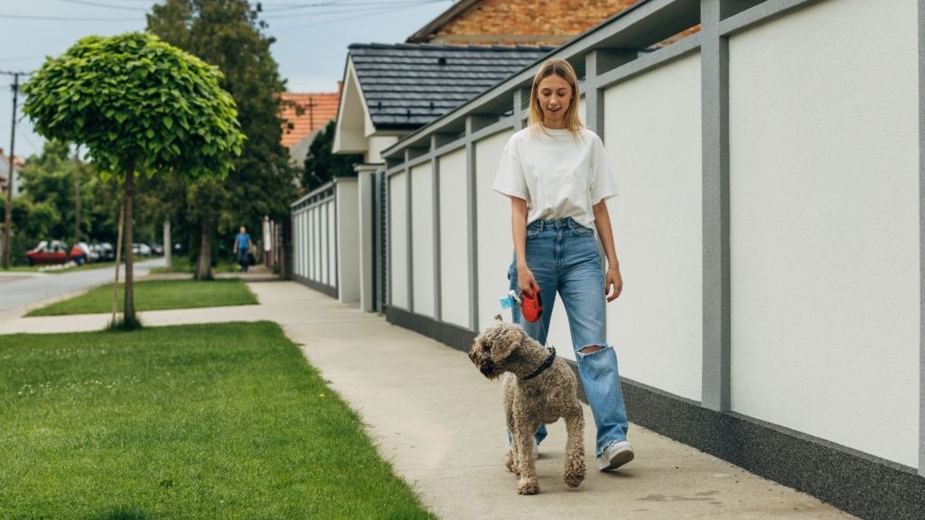 woman walking her dog on a residential sidewalk