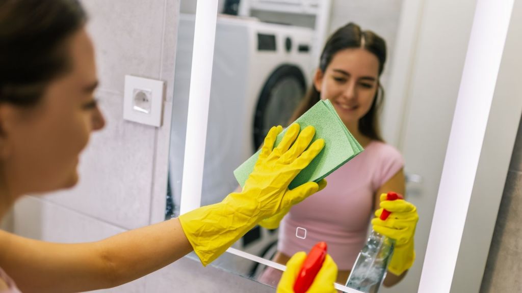 young woman cleaning bathroom mirror