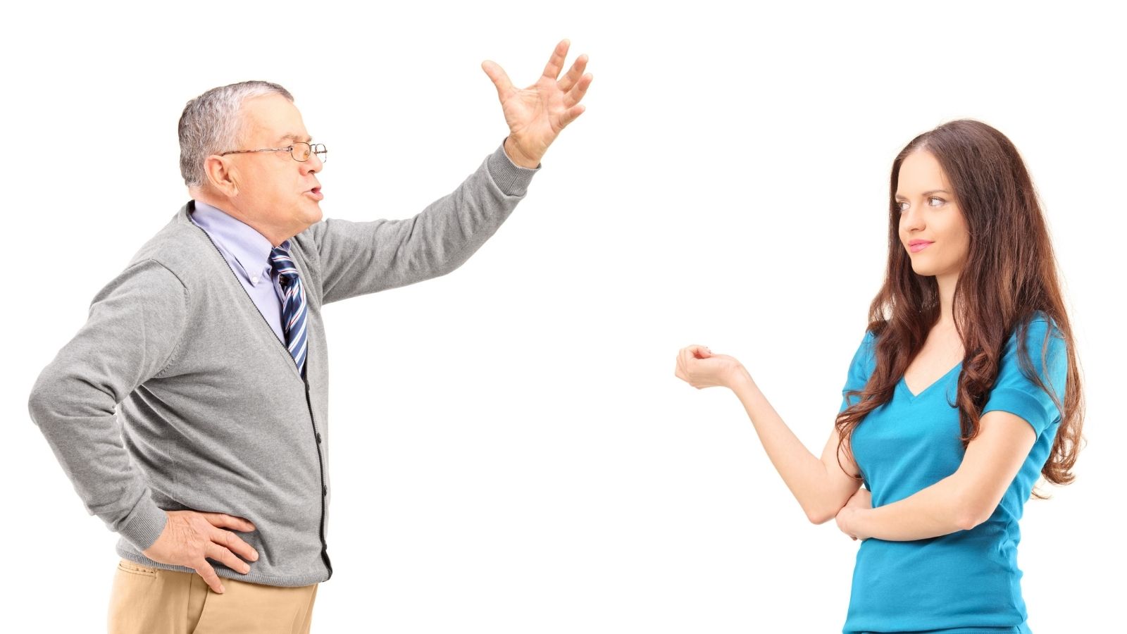 older man yelling at annoyed adult daughter