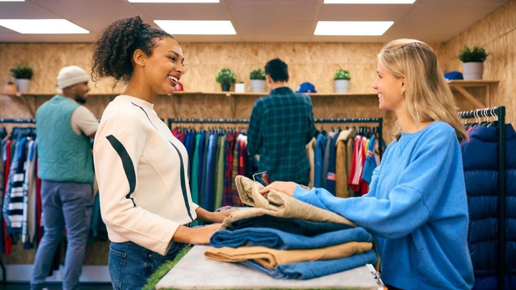 woman buying clothes from female retail worker
