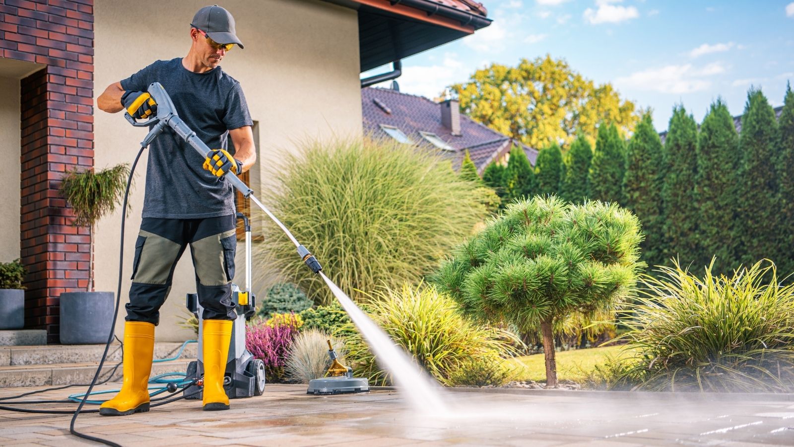 man using a pressure washer