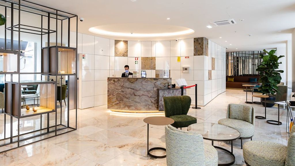 A fresh and clean hotel lobby and reception area