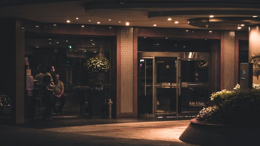 Hotel entrance at night