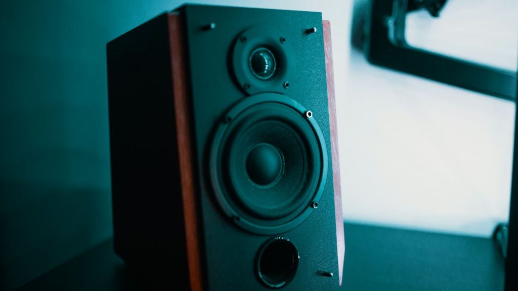 Black speaker with wooden brown surface