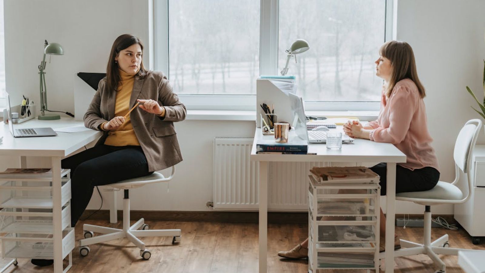 Employee Has An Aggressive Deskmate Who Criticized Everything She Said, So She Started Grey Rocking Her To Shut Down The Negativity Two employees on their desk in an office