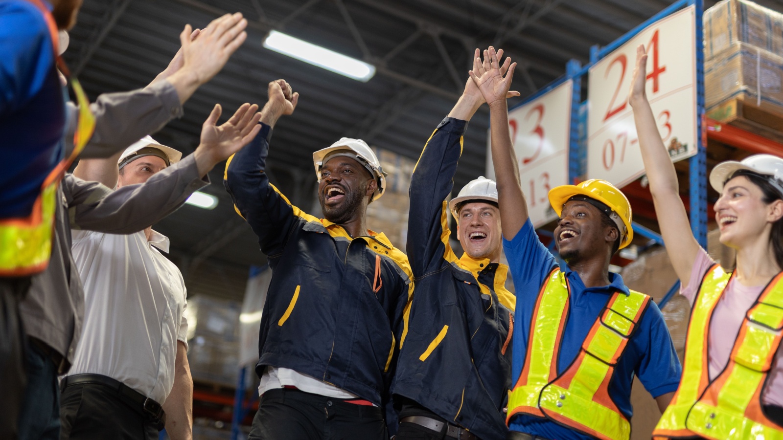 Workers celebrating