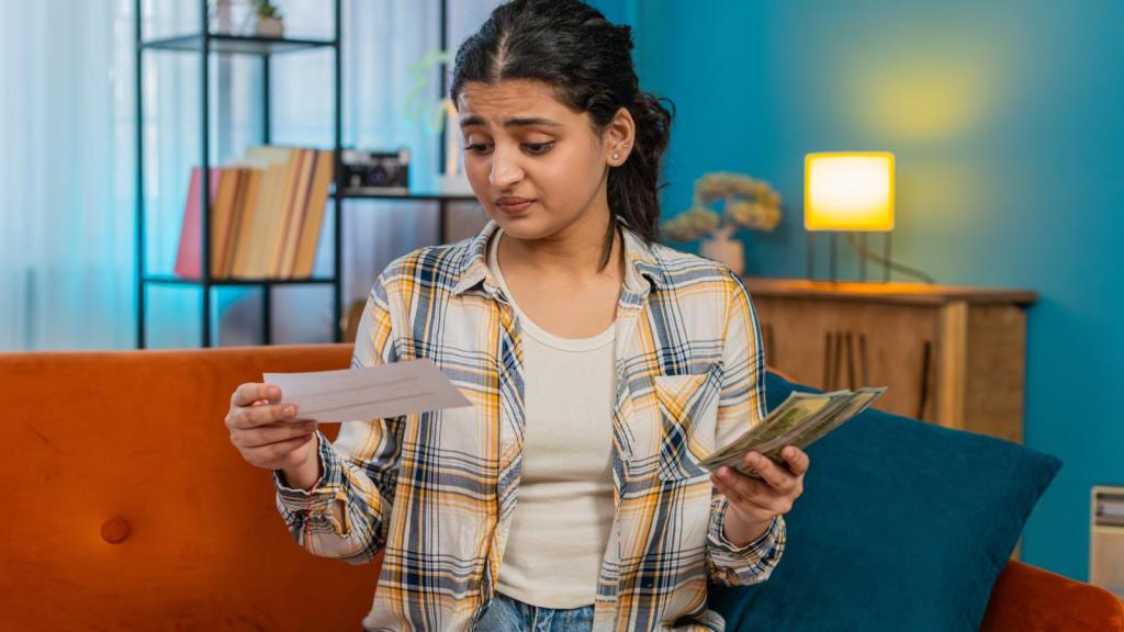 woman looking at bills