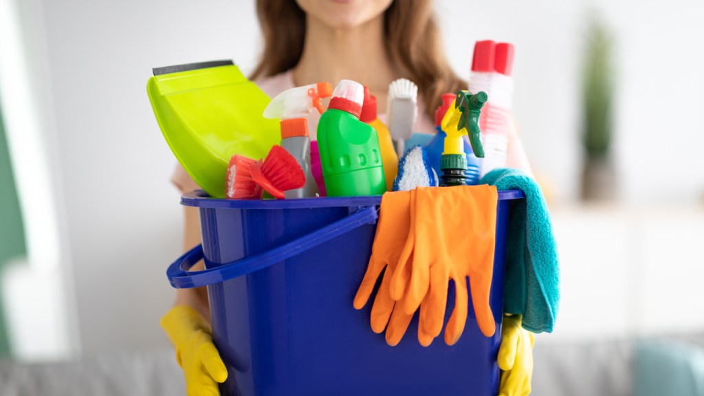 A woman holding a bucket of cleaning supplies