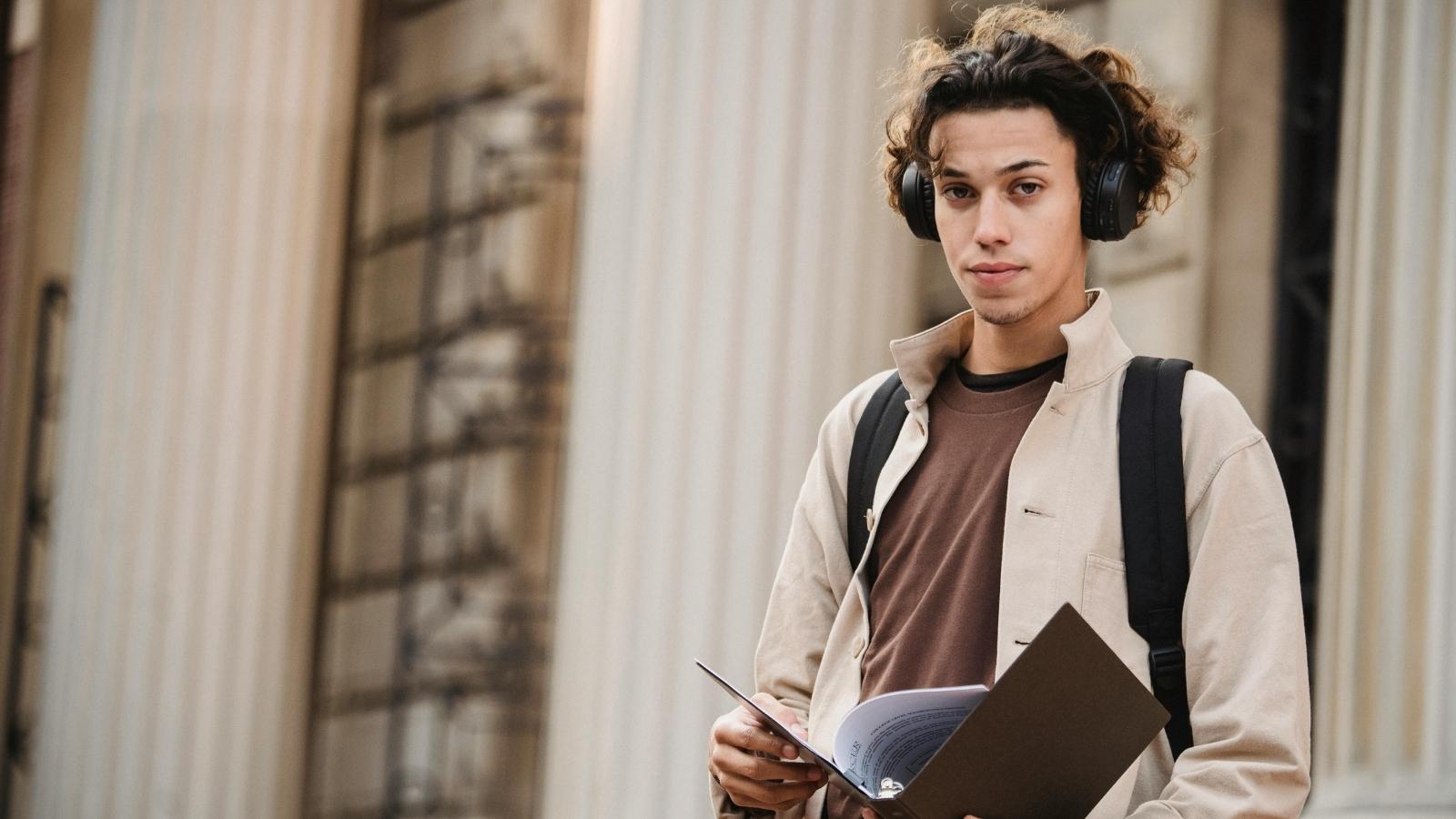 college student wearing headphones