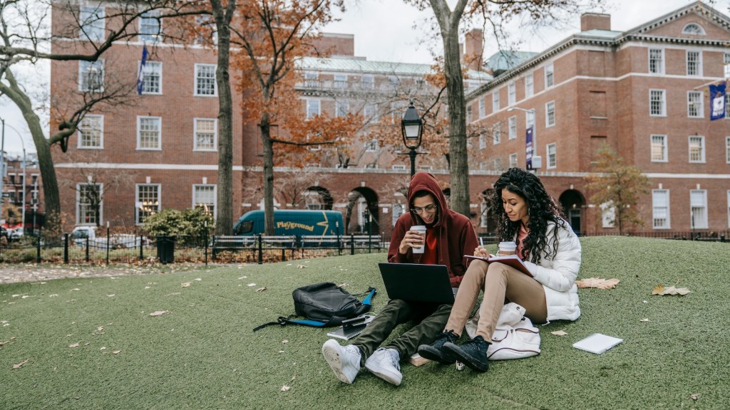 college students sitting out studying on campus