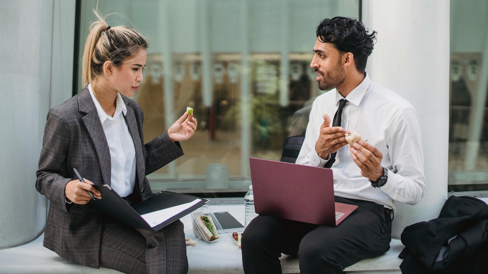 male and female coworkers taking a break