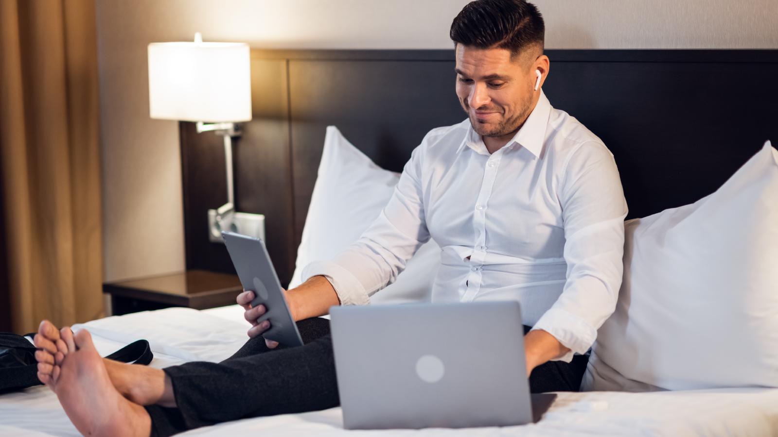 man in a hotel room