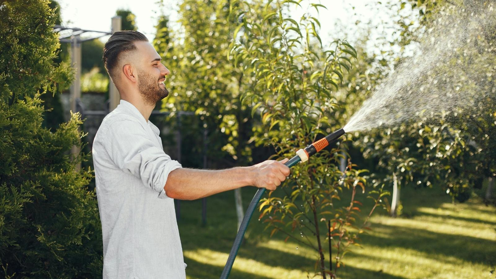 HOA Hopeful Harasses Neighbor Over Yard, Then Faces Unexpected Lawn Revenge man caring for his yard with a hose