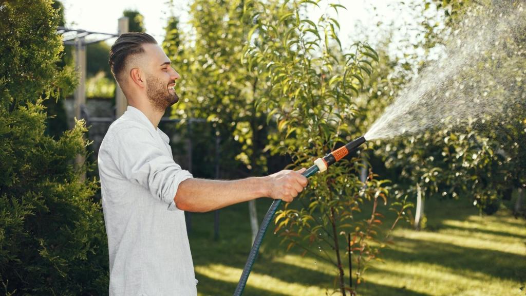 man caring for his yard with a hose