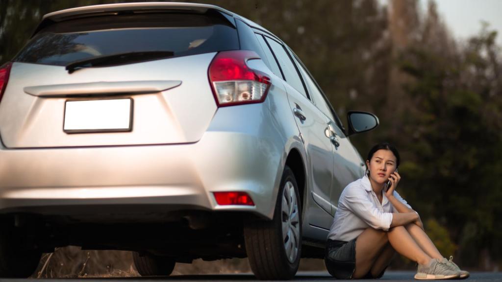 woman sitting by her car