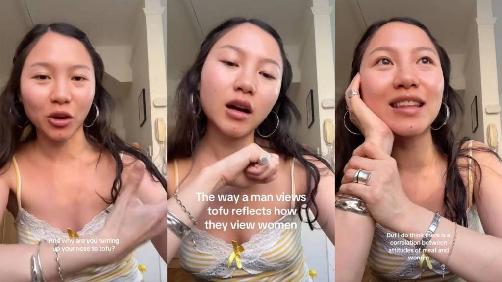 woman talking about meat
