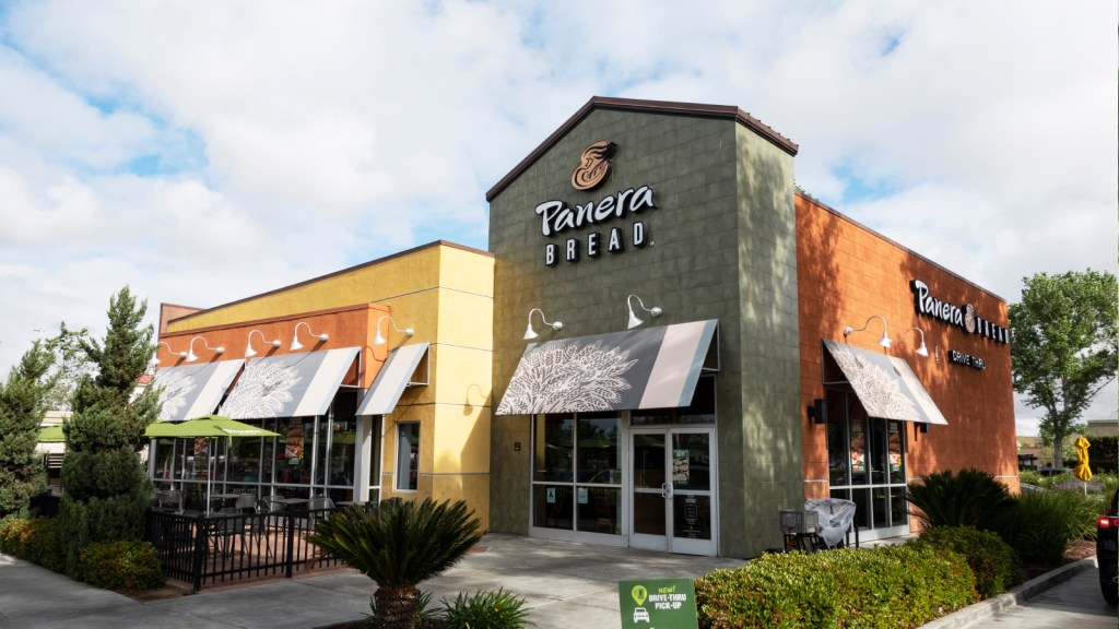 The exterior of a Panera Bread restaurant