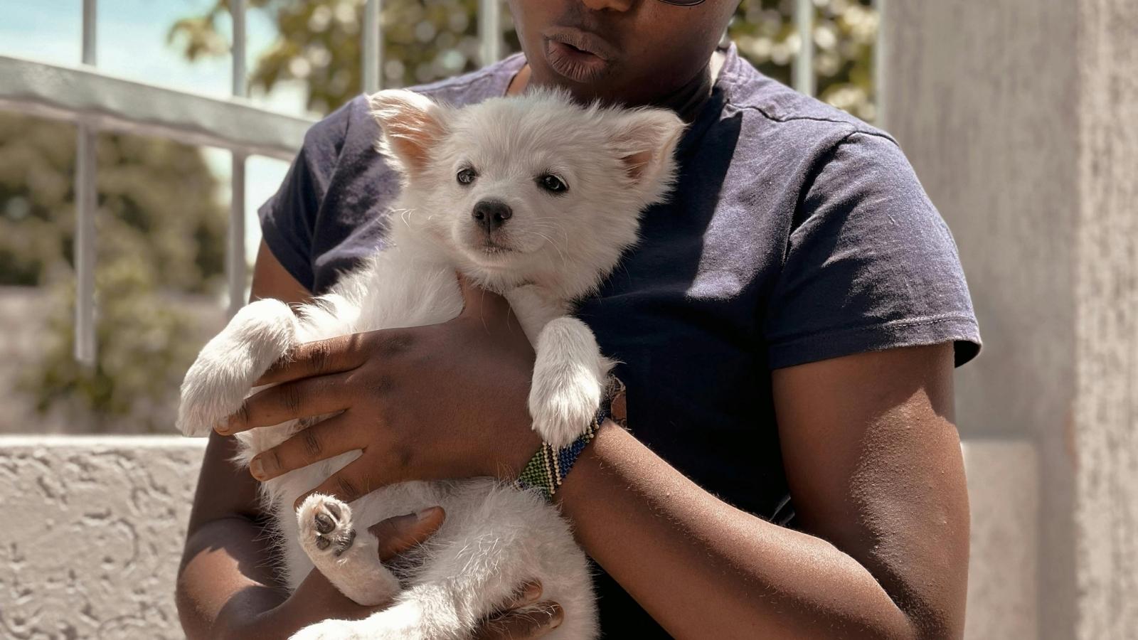 woman holding a small white dog in her arms