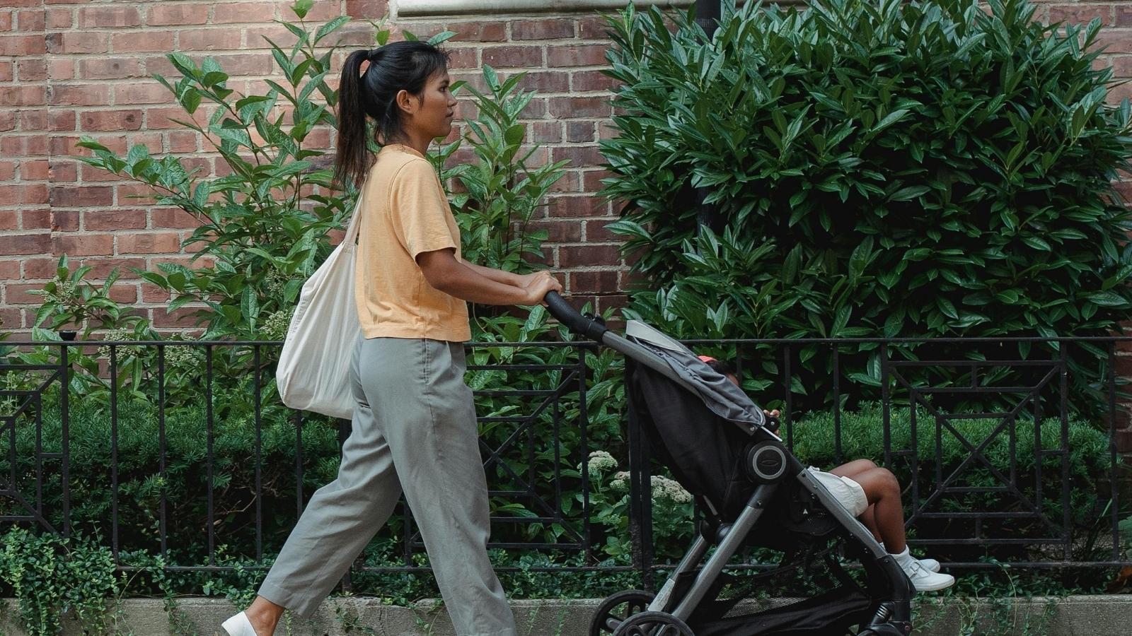 Mother’s Daily Walk With Toddlers Keeps Triggering Neighbor’s Dog, Leading to Growing Tension woman in sweatpants pushing a stroller