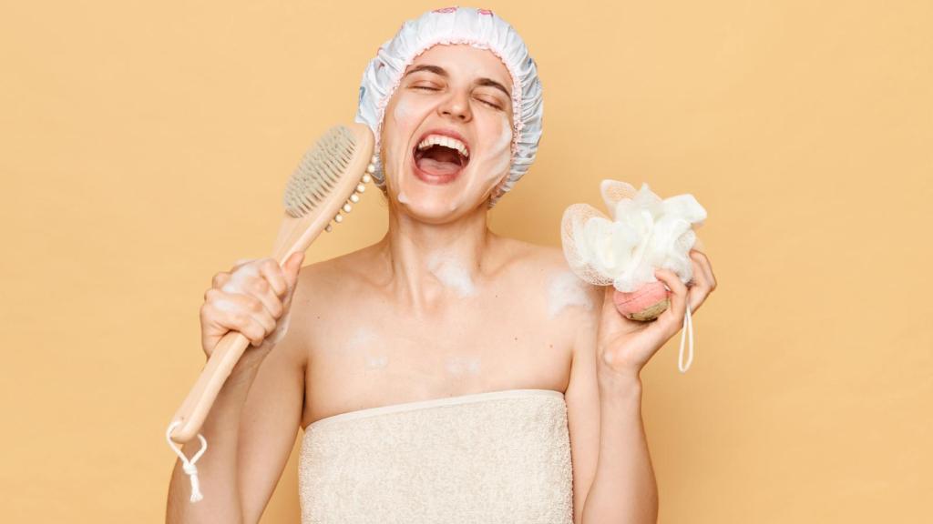 woman singing in a shower