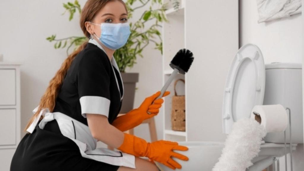 Woman cleaning toilet
