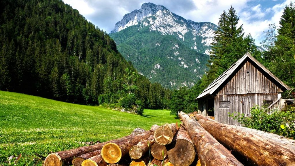 A cabin and a mountain