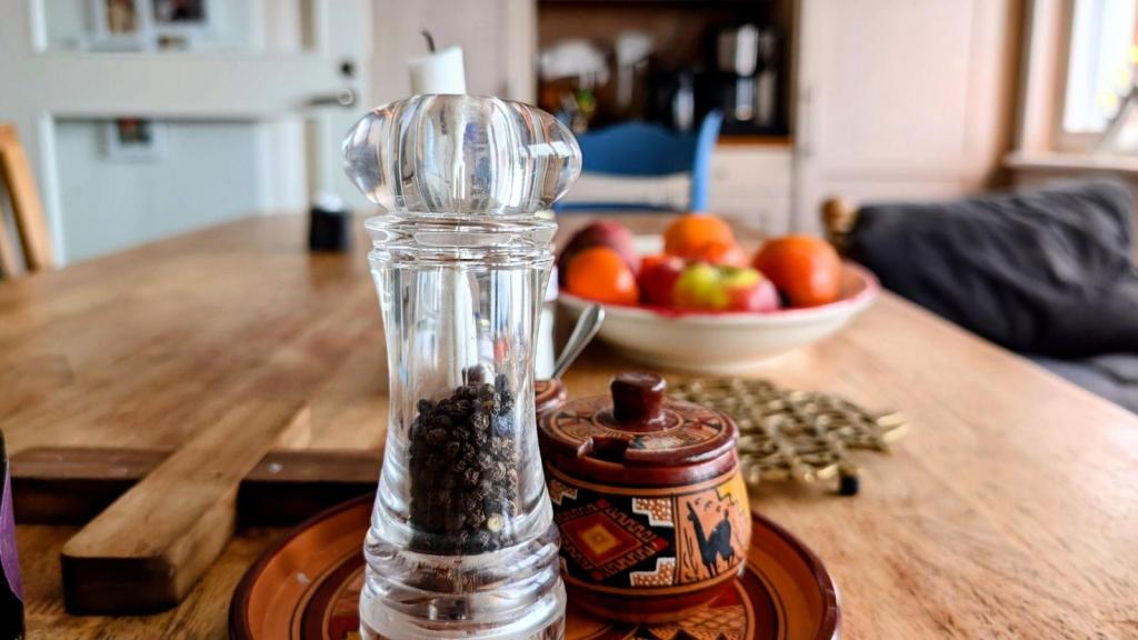 Glass pepper mill sitting on the counter