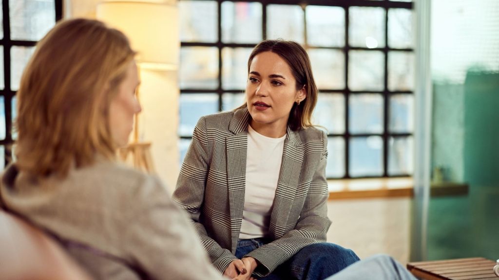 two businesswomen talking