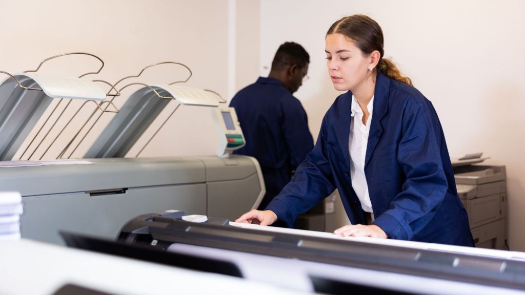 two employees working at a printing company