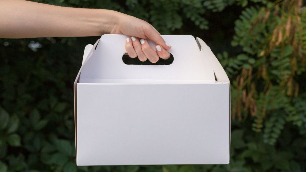 closeup of woman's hand holding a white bakery box