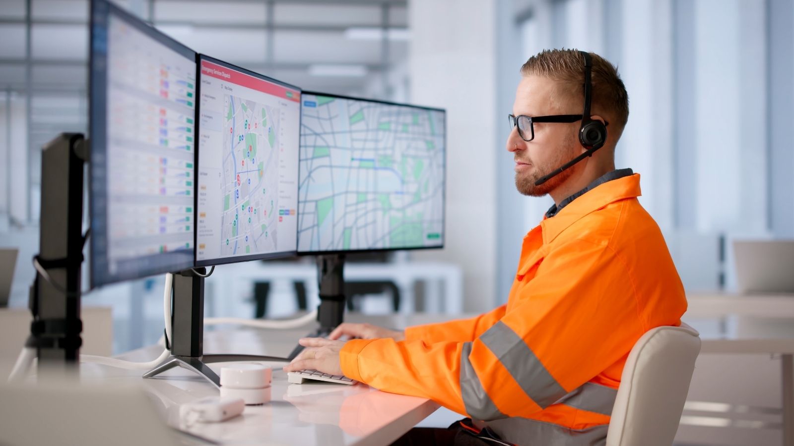 emergency dispatcher looking at monitors