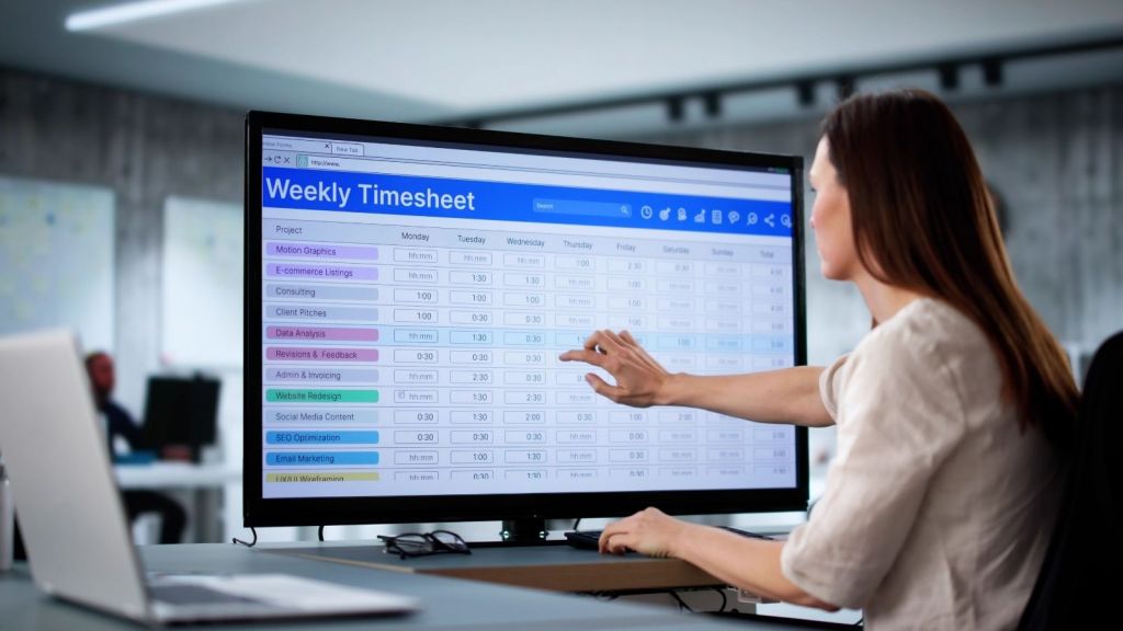 woman looking at time sheets on a computer monitor