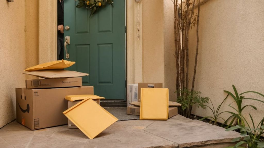 A pile of packages left at the front door of a house