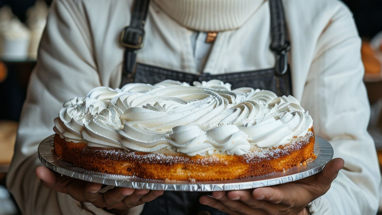 Waiter holding a whole cake with white icing