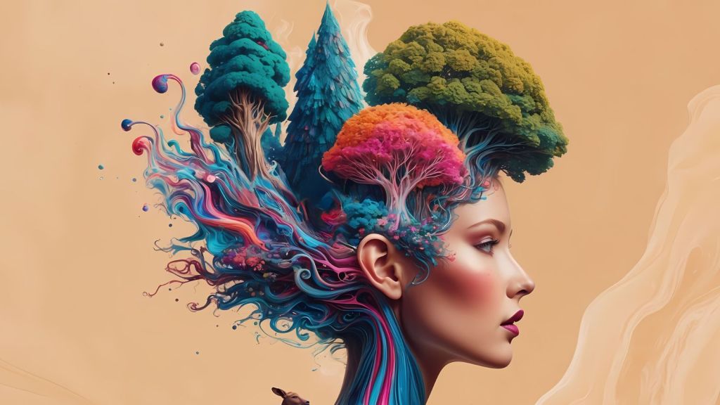 An AI-generated image of a woman with trees on her head