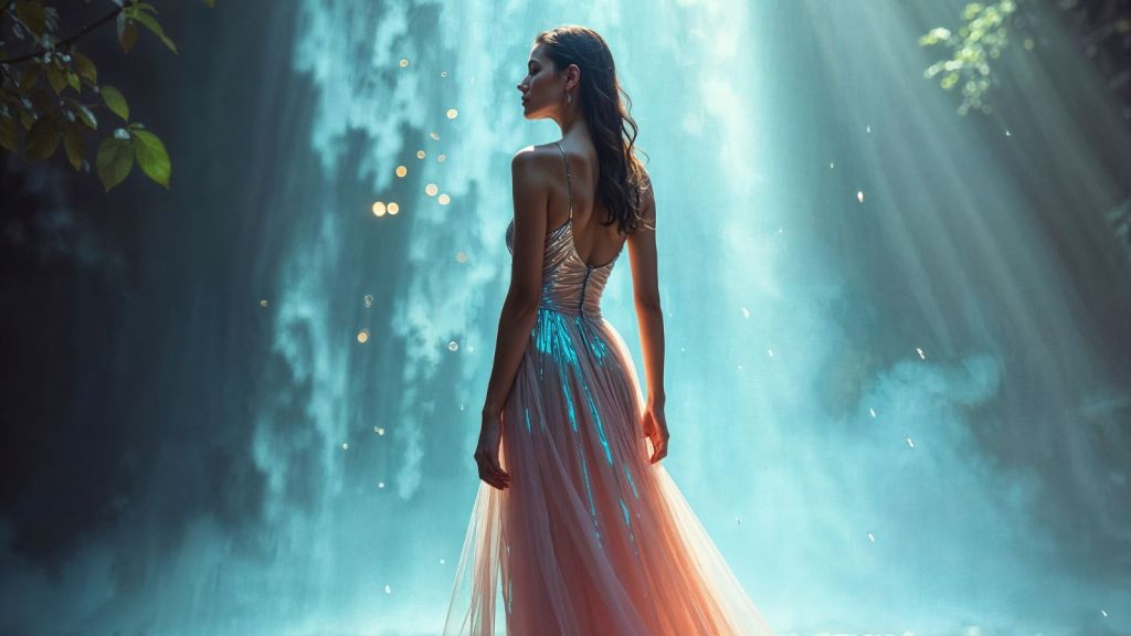 An AI generated image of a woman in gown in front of a waterfall