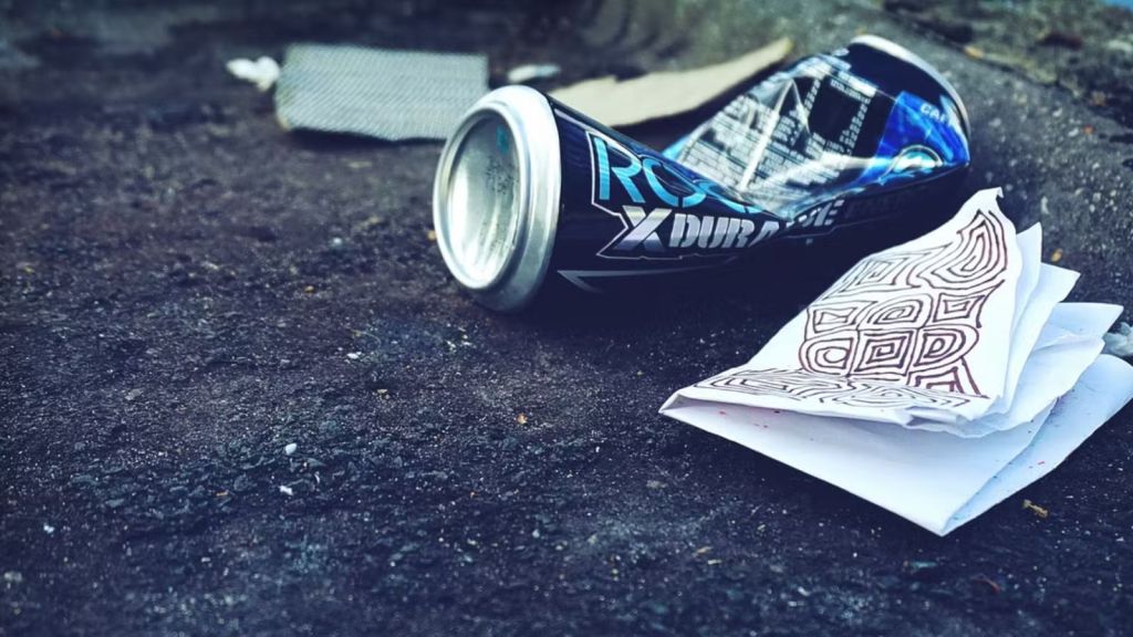 A food wrapper and soda can on the road
