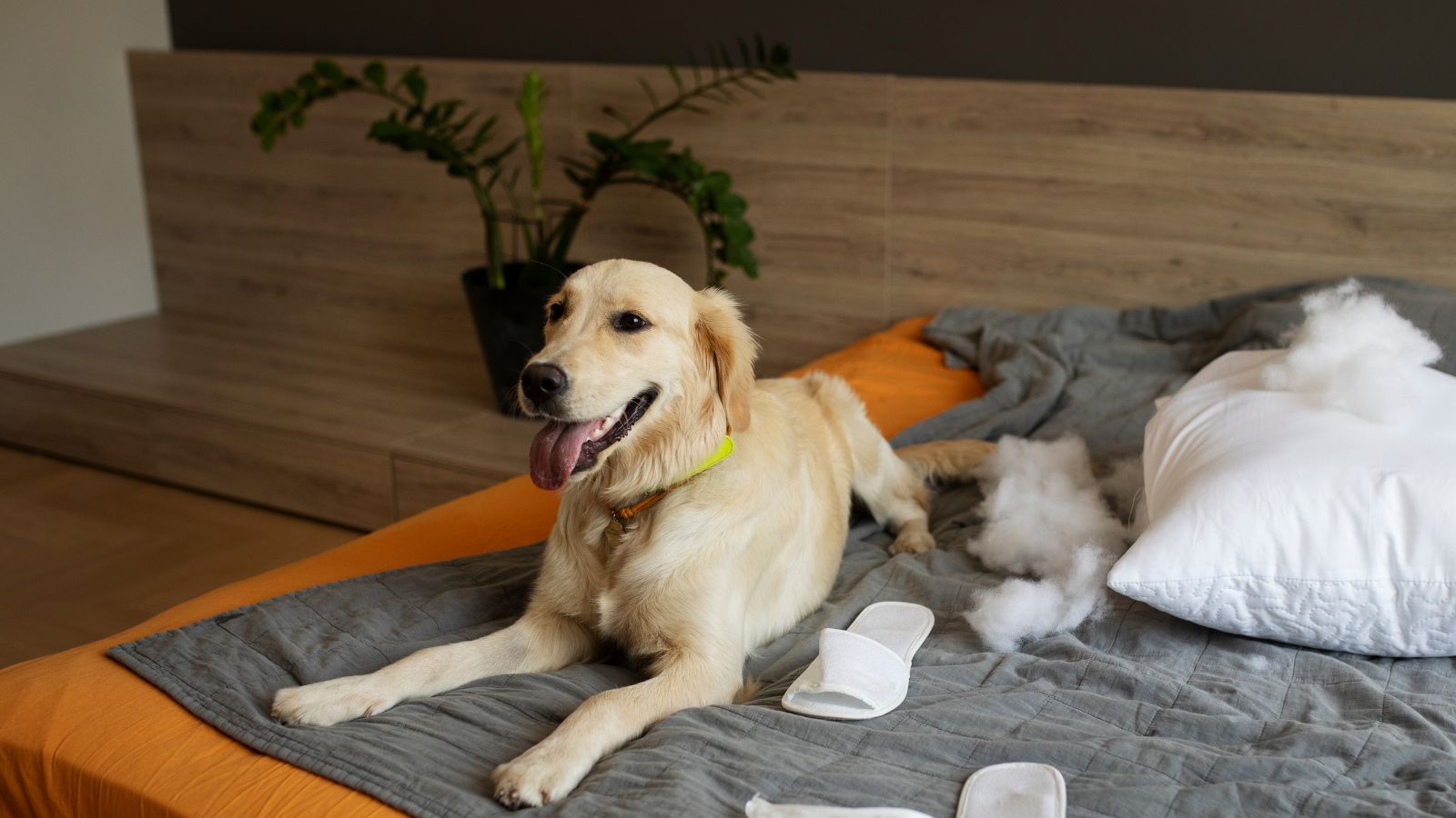 A Woman Sets Boundaries For A Rescue Dog Due To Safety Concerns, But Her Husband Thinks She Is Being Unfair Dog laying in bed after biting the pillow and slippers