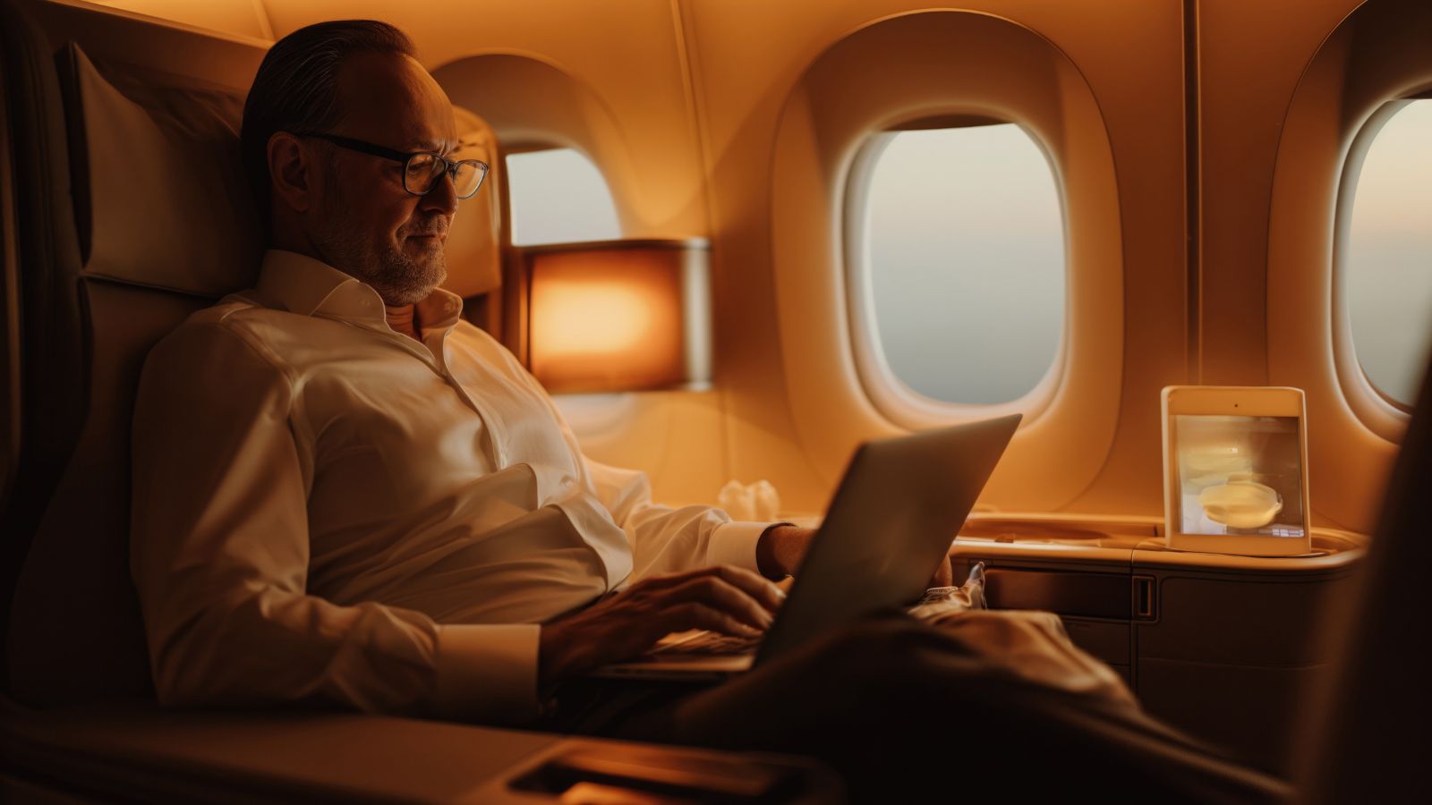 He Paid for First Class Peace and Quiet — a Demanding Family Ruined the Whole Flight Instead Man working on his laptop on a first class seat in an airplane