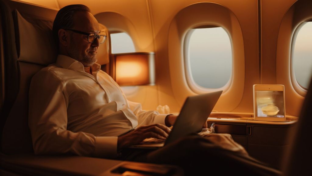 Man working on his laptop on a first class seat in an airplane
