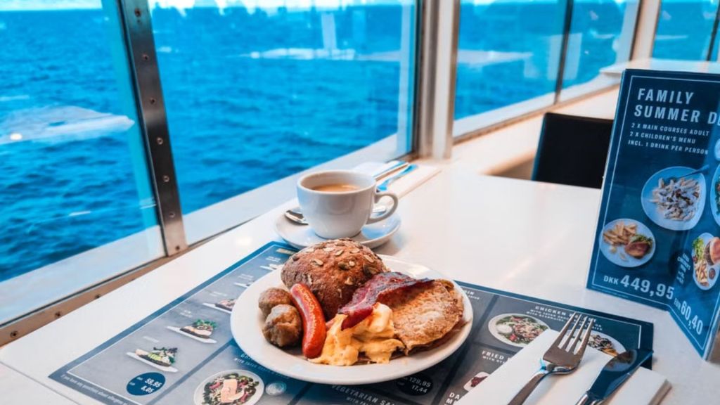 Meal and coffee set on a table on a cruise ship