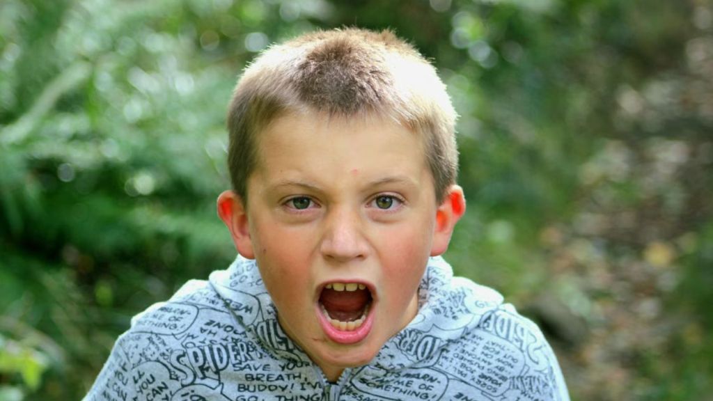 A young boy energetically shouting outdoors