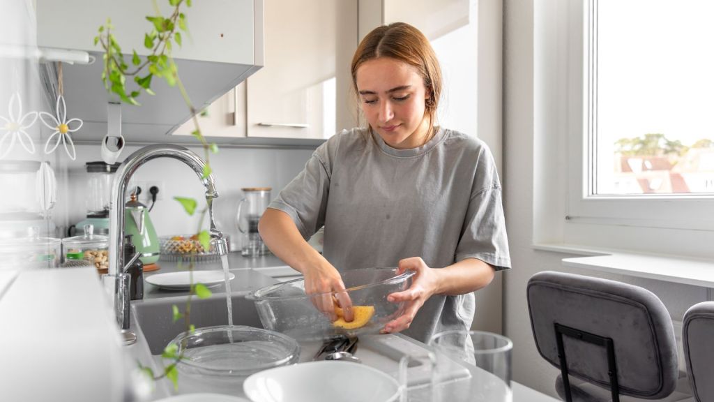 Woman washing the dishes in the sink