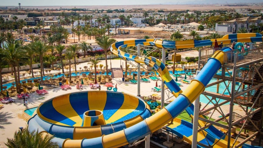 Water park with colorful water slides