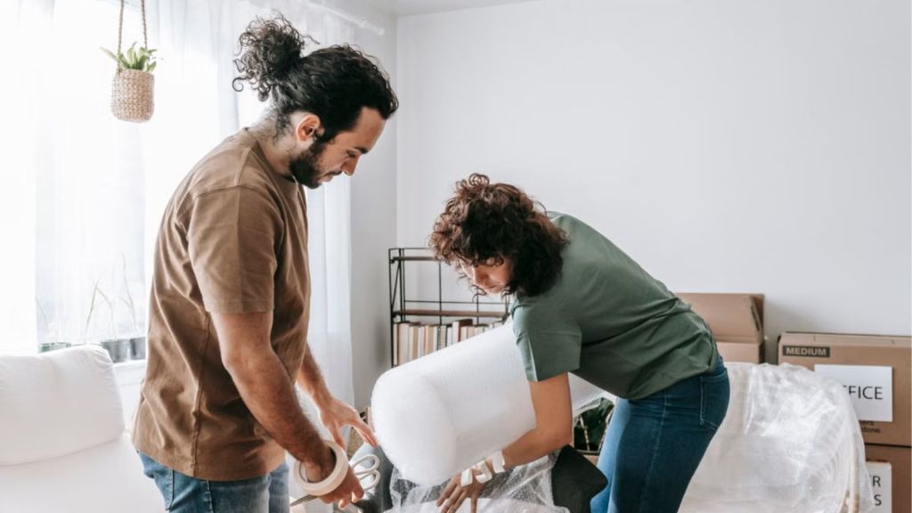 Couple wraps furniture with bubble wrap in a bright and modern apartment while preparing to move