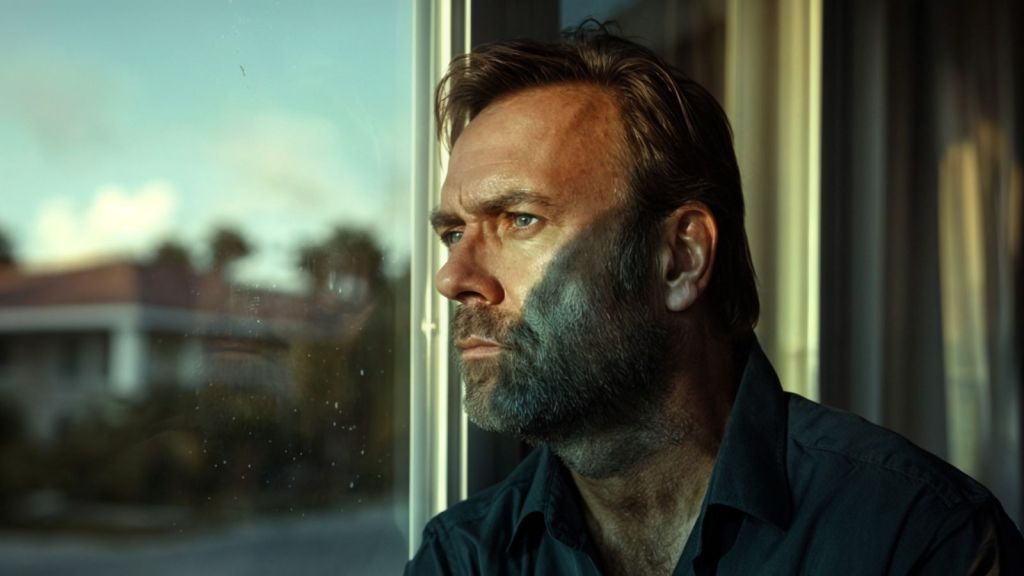 Man with a serious face looking out the window