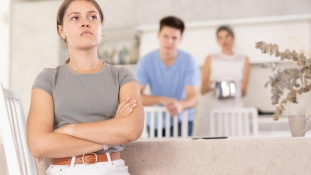 Upset teen girl with parents