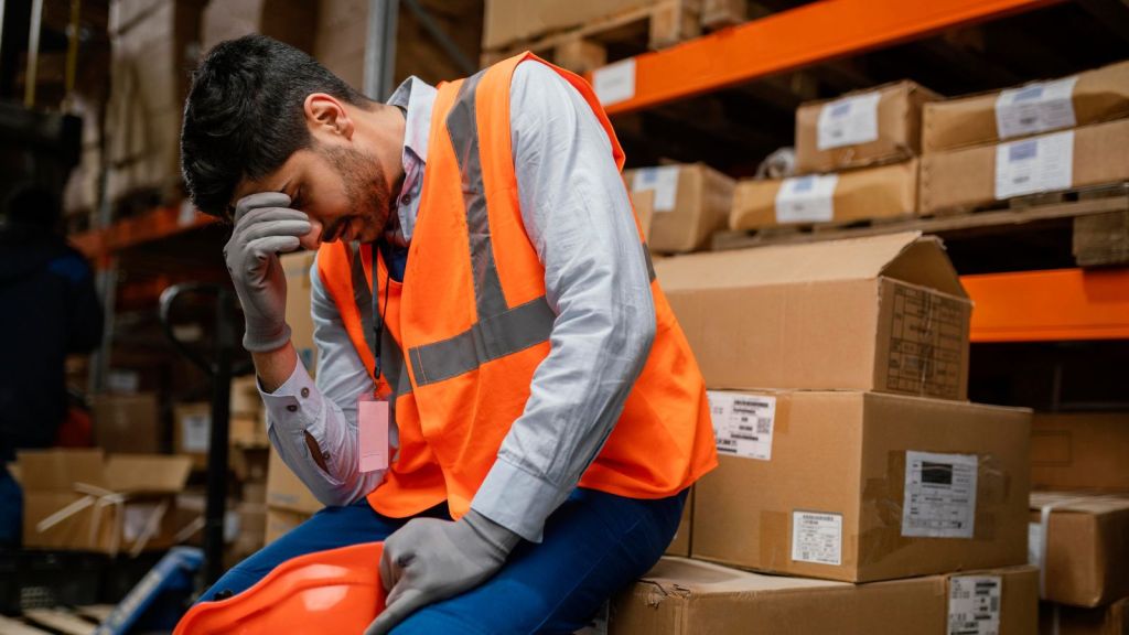 Sad and stressed warehouse employee taking a break