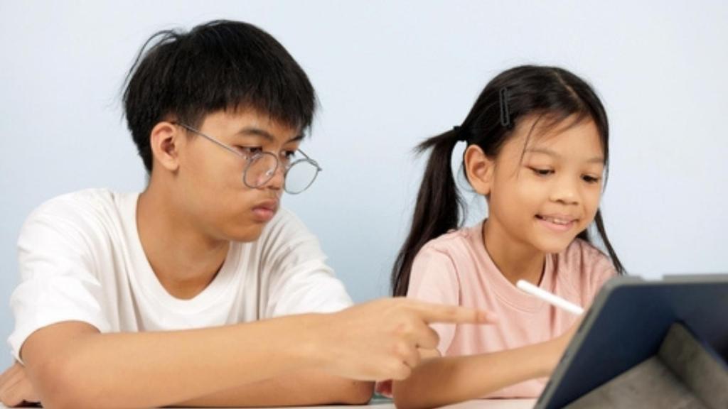 Brother helping sister with homework